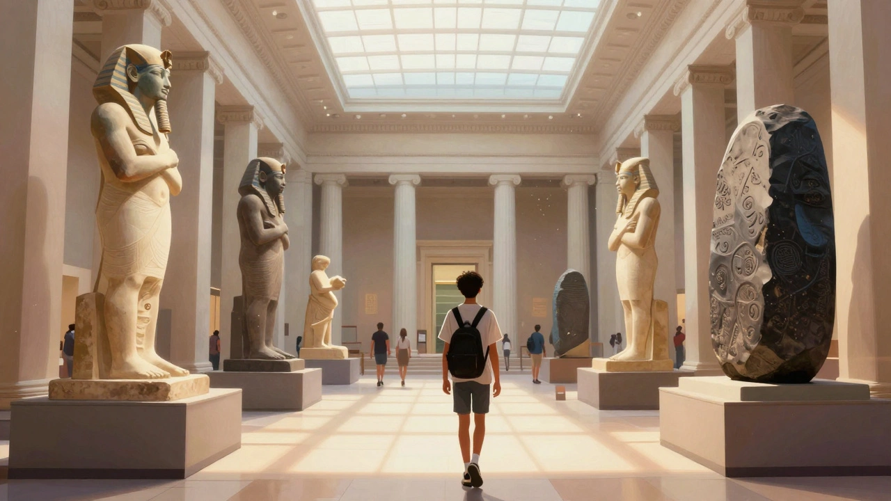A student exploring the British Museum surrounded by ancient Egyptian artifacts under soft museum lighting.