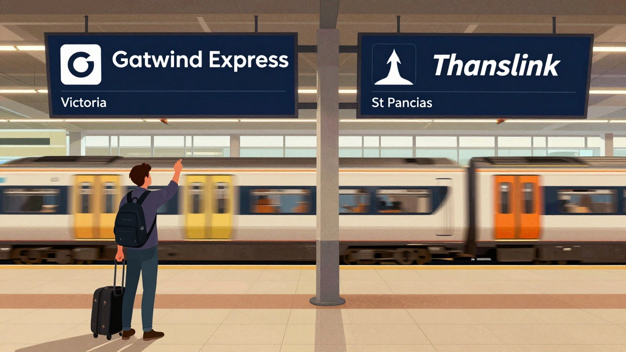 A traveler deciding between train options at Gatwick Airport with two different routes shown visually.