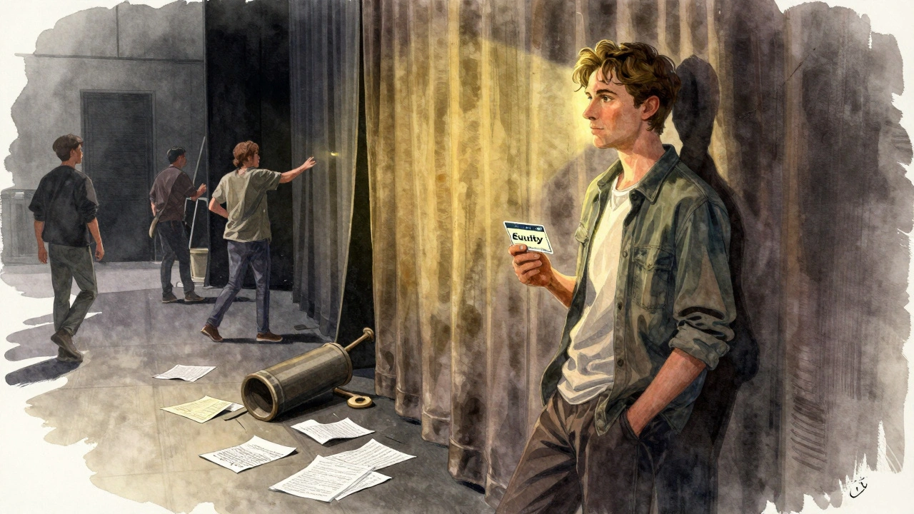 A young actor backstage in a West End theatre, holding an Equity card amidst scattered scripts and props.