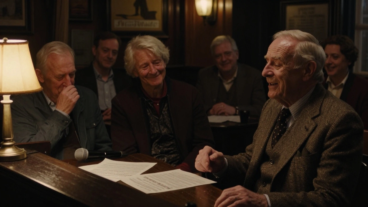 An elderly man sings at a piano in a quiet pub while his partner holds his hand, surrounded by older queer friends.