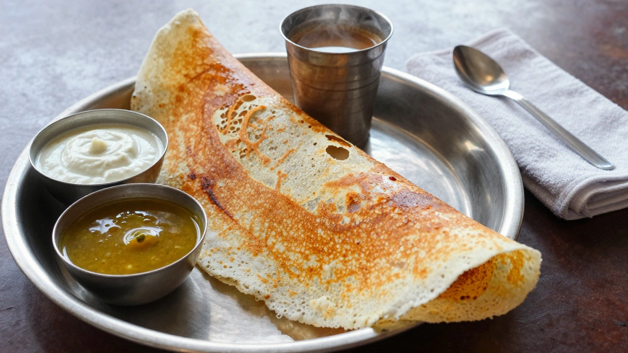 Close-up of masala dosa with chutney, tamarind sauce, and filter coffee on a paper plate at Sagar restaurant.