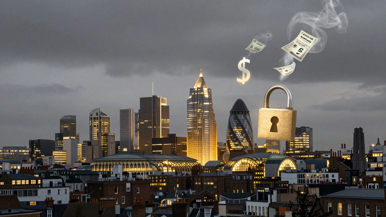 Covent Garden glowing in a London skyline, surrounded by floating bills and costs, with quieter neighborhoods in softer tones.