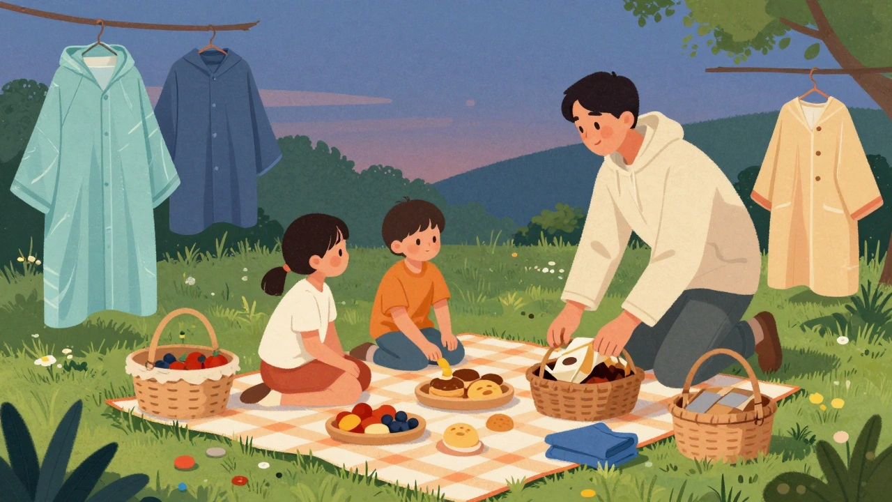 Family setting up picnic blankets with food and rain ponchos on lawn