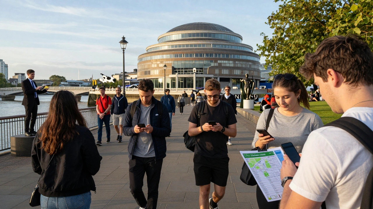 Friends walking along London's South Bank using a shared Google Maps list to explore outdoor culture.