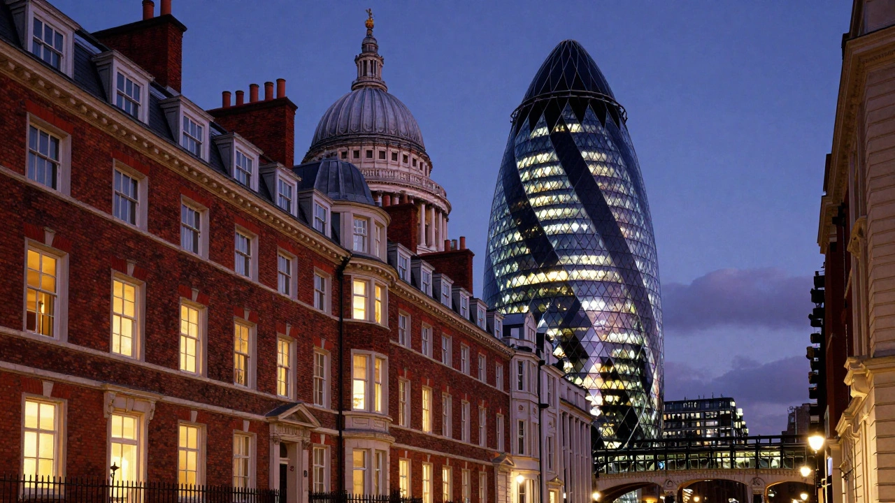 Georgian townhouse next to The Gherkin skyscraper with St. Paul’s Cathedral in twilight skyline.