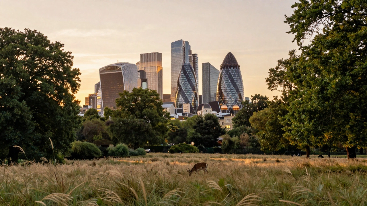 London skyline viewed from Hampstead Heath, framed by trees and grass with deer in foreground.