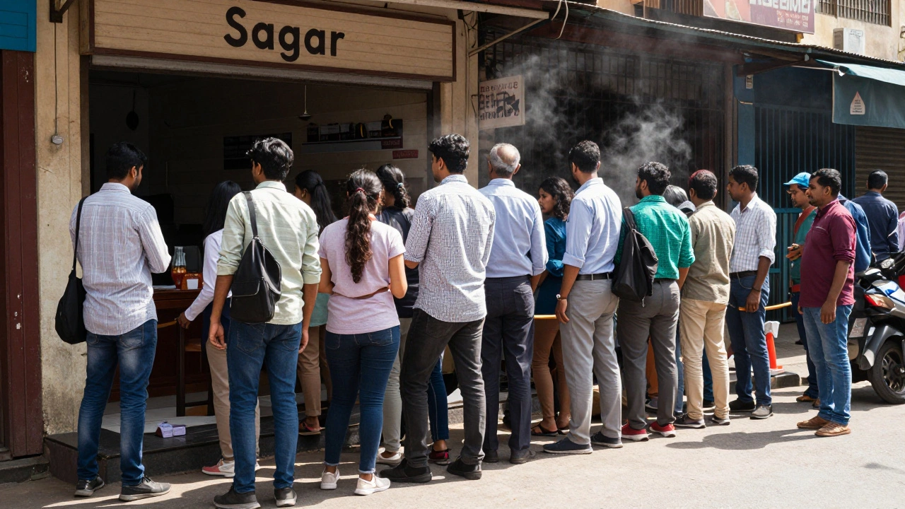 Long queue outside Sagar restaurant at lunchtime, diverse crowd waiting for vegetarian South Indian food in London.