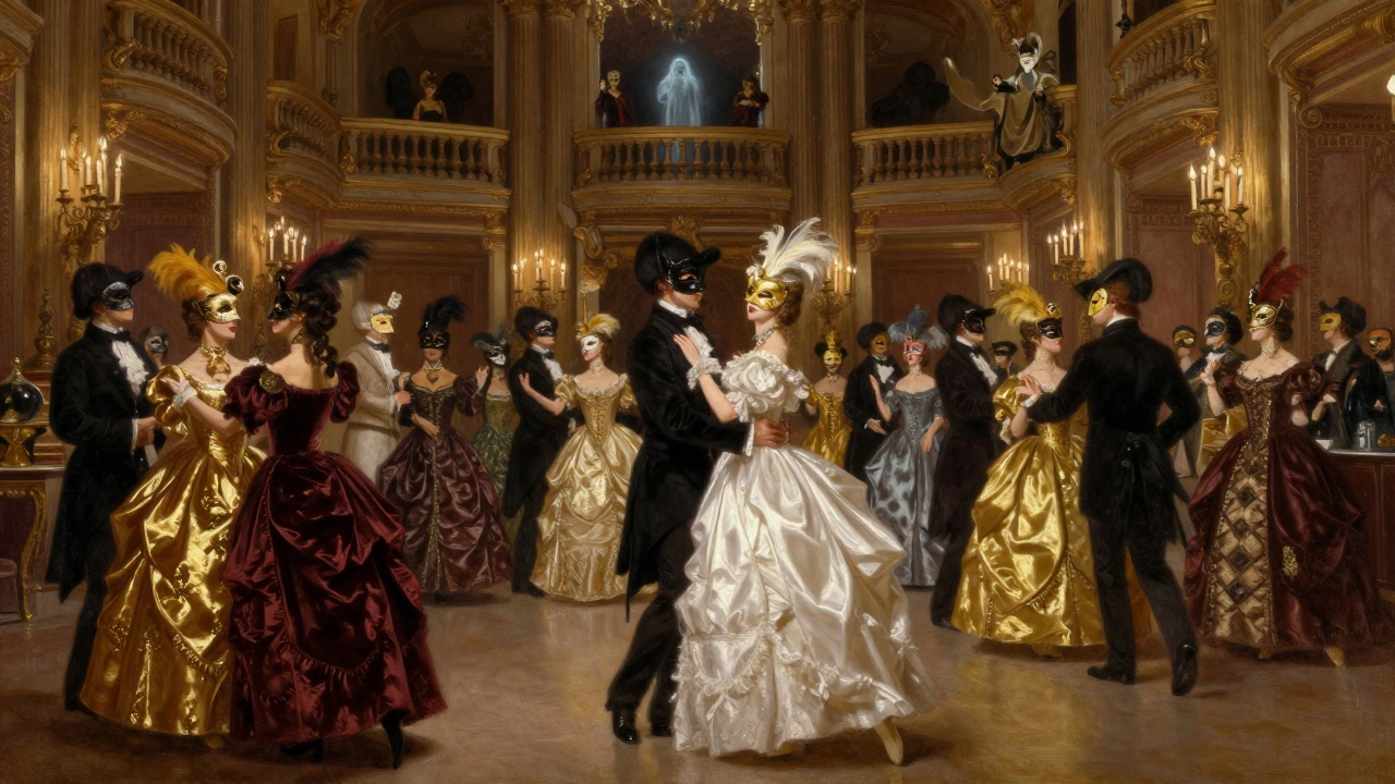 Masquerade ball scene with masked dancers and Phantom watching from balcony.