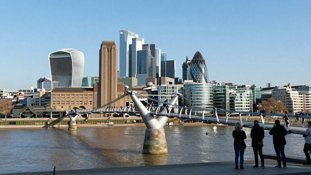 Millennium Bridge spans the Thames, connecting St. Paul’s Cathedral to Tate Modern under a clear blue sky.