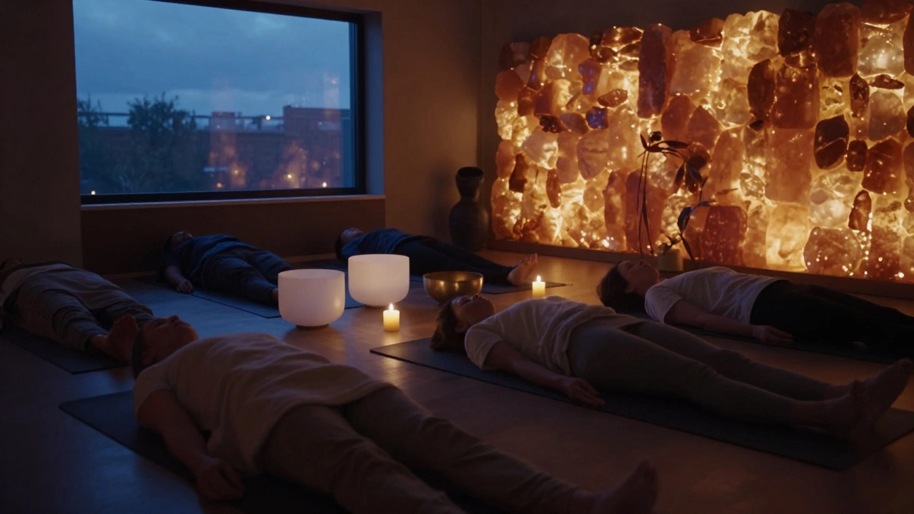 People in deep Yin poses under candlelight with salt walls and a singing bowl.