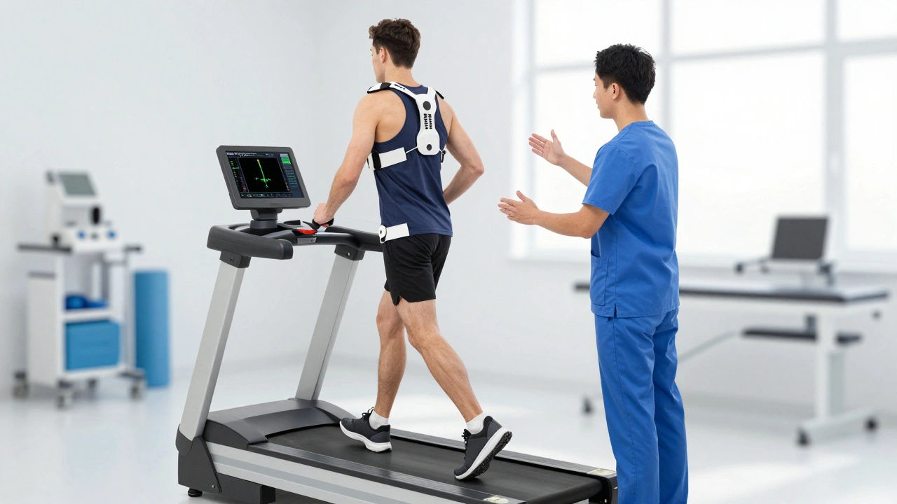 Physiotherapist using gait analysis system on runner in clinic gym.
