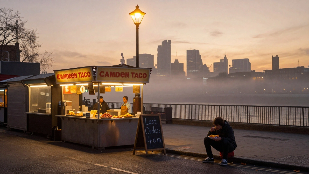 Someone eating nachos at Camden Market at sunrise, with empty food stalls and London skyline in the distance.