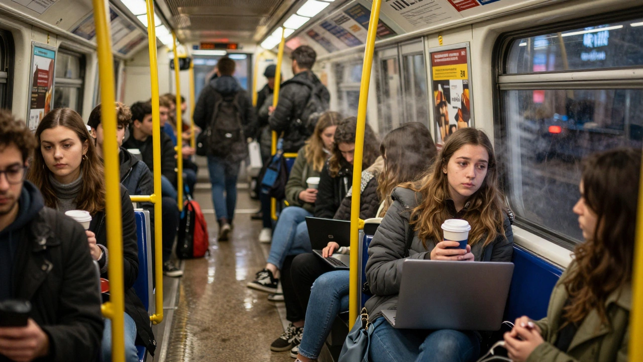 Students packed into a crowded London Tube during rush hour, tired and commuting to LSE.
