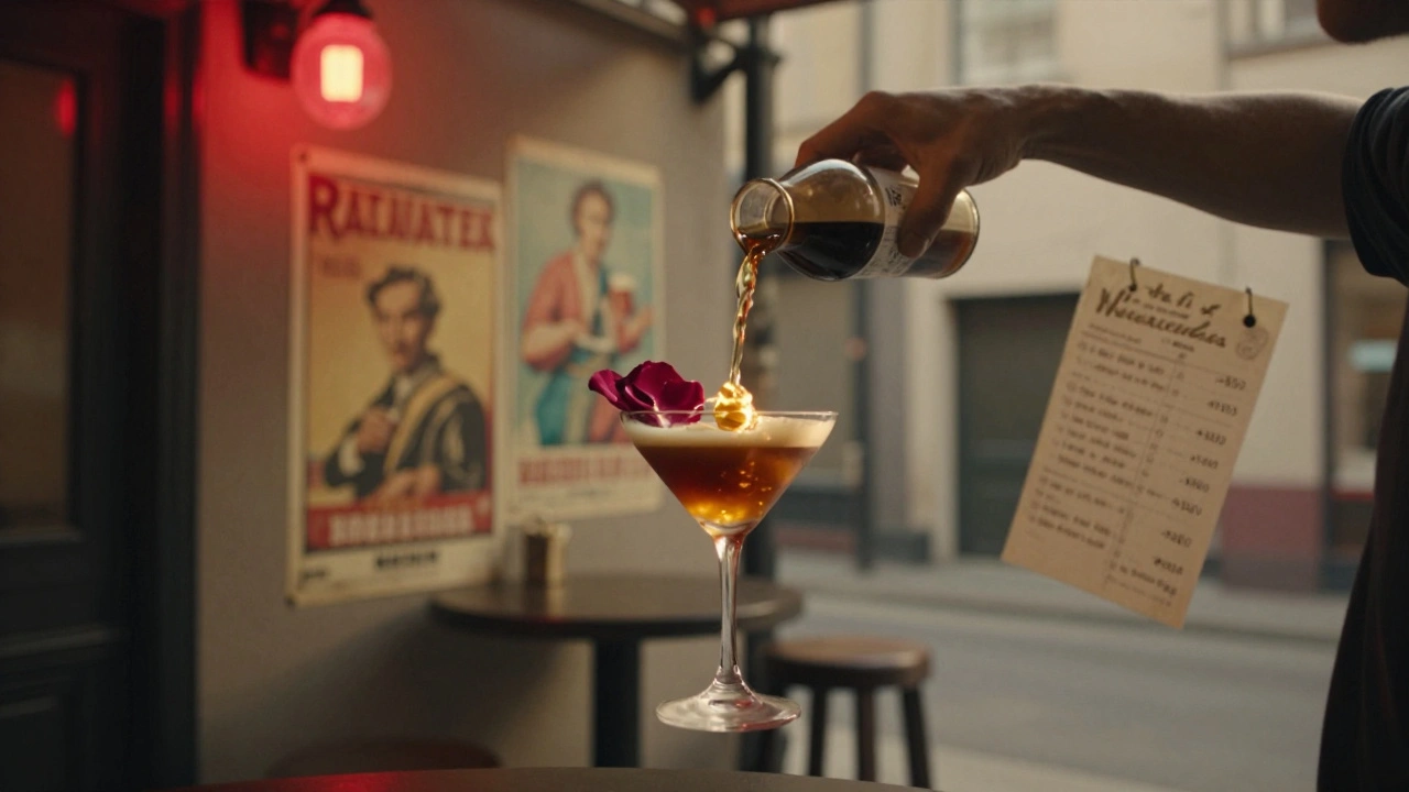 The Narrow cocktail bar with a red light, bartender pouring a glowing espresso martini infused with rose petals and honey.