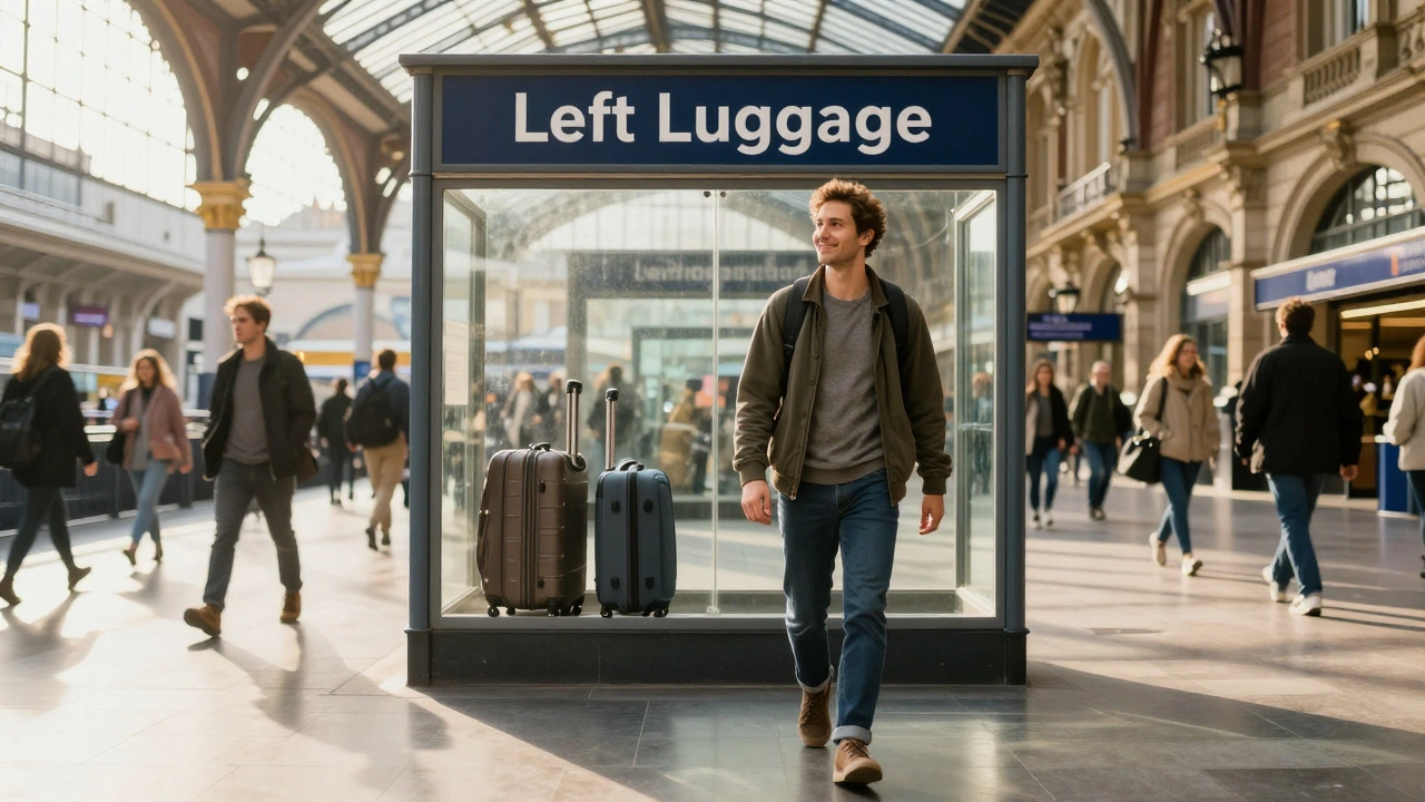 Traveler walking freely through Waterloo station with suitcases safely stored behind glass
