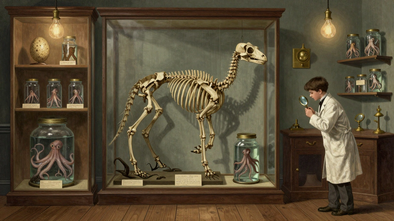 Victorian-era zoology collection with preserved animal specimens, handwritten labels, and a thylacine skeleton on display.