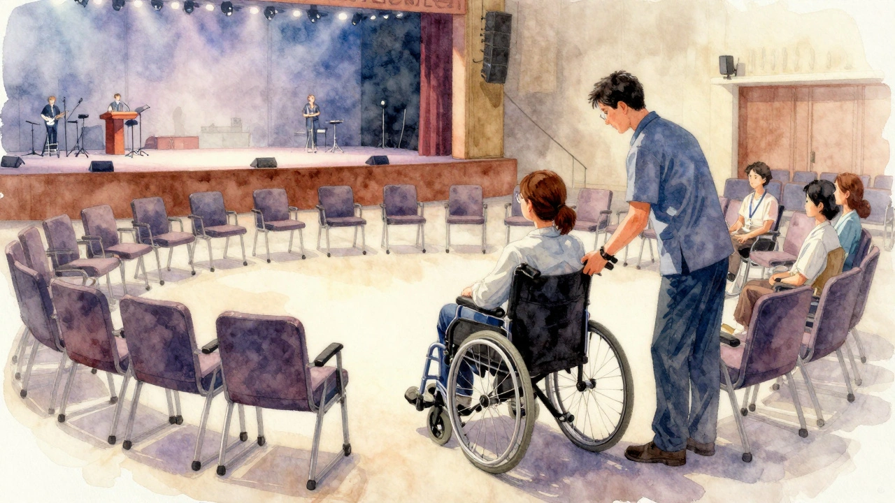 Wheelchair user in accessible theatre seat with staff assistance