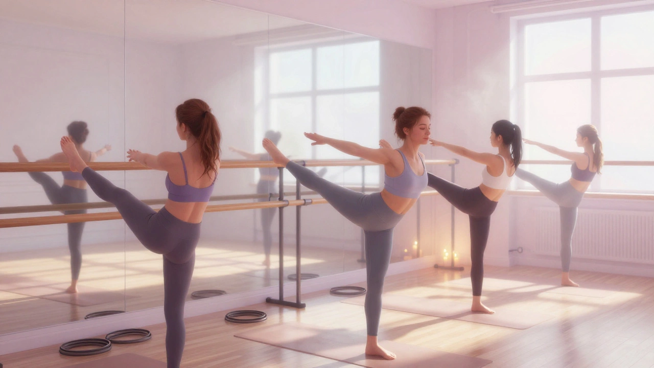 A barre class with participants holding poses at a wooden barre under soft natural light, no mirrors.