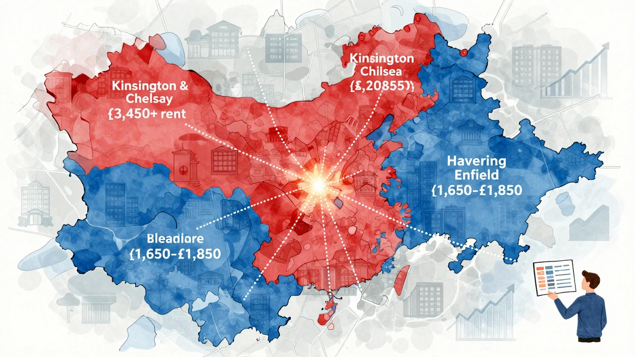 A color-coded map of London showing high and low rent areas with commuter lines connecting them.