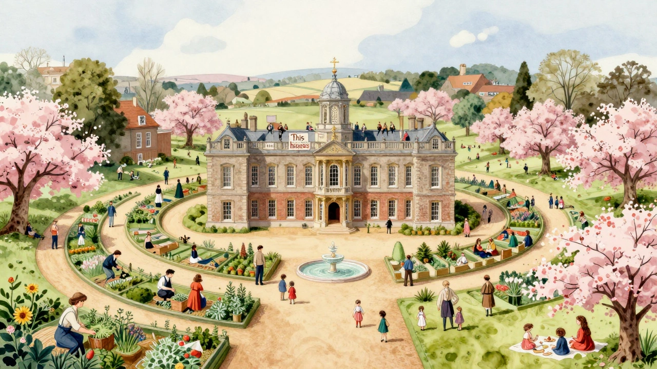 A dreamlike watercolor collage showing Charlton House through centuries, with people from different eras connected by its enduring presence.
