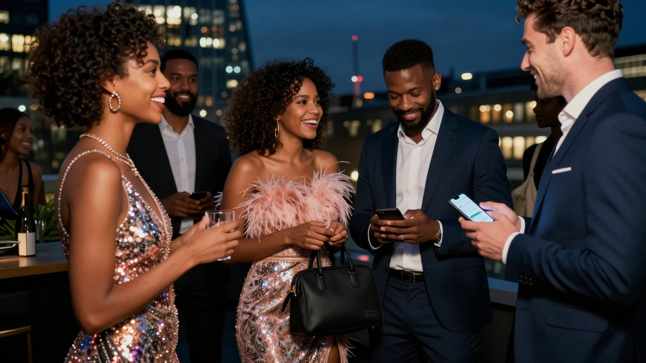 A group of people in rented designer outfits enjoying a rooftop party in London.