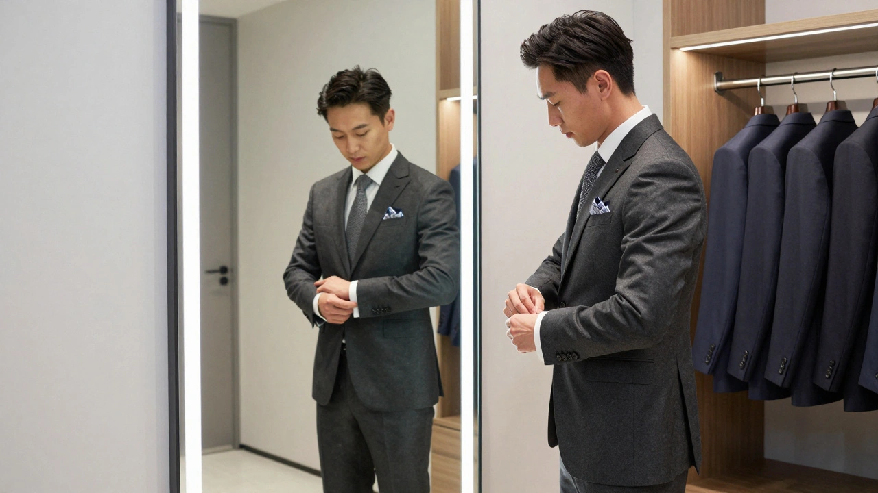 A man being fitted for a tailored Zegna suit in a luxury rental boutique.