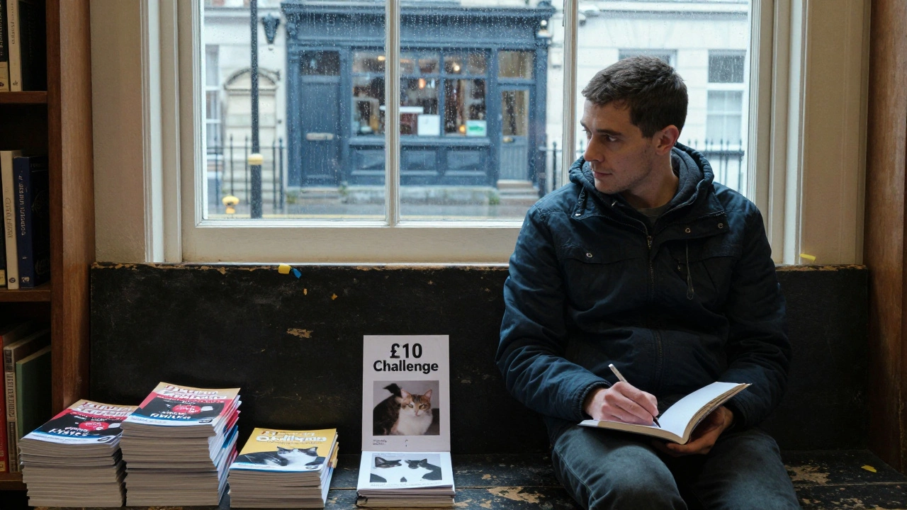 A man sitting alone in a library, surrounded by free event flyers, rain outside the window.