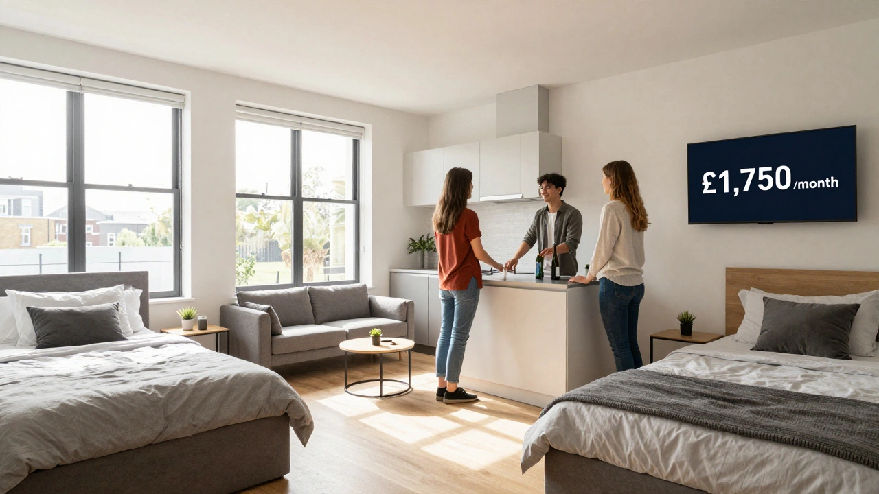 A modern co-living space with three residents in private rooms sharing a common kitchen and living area.
