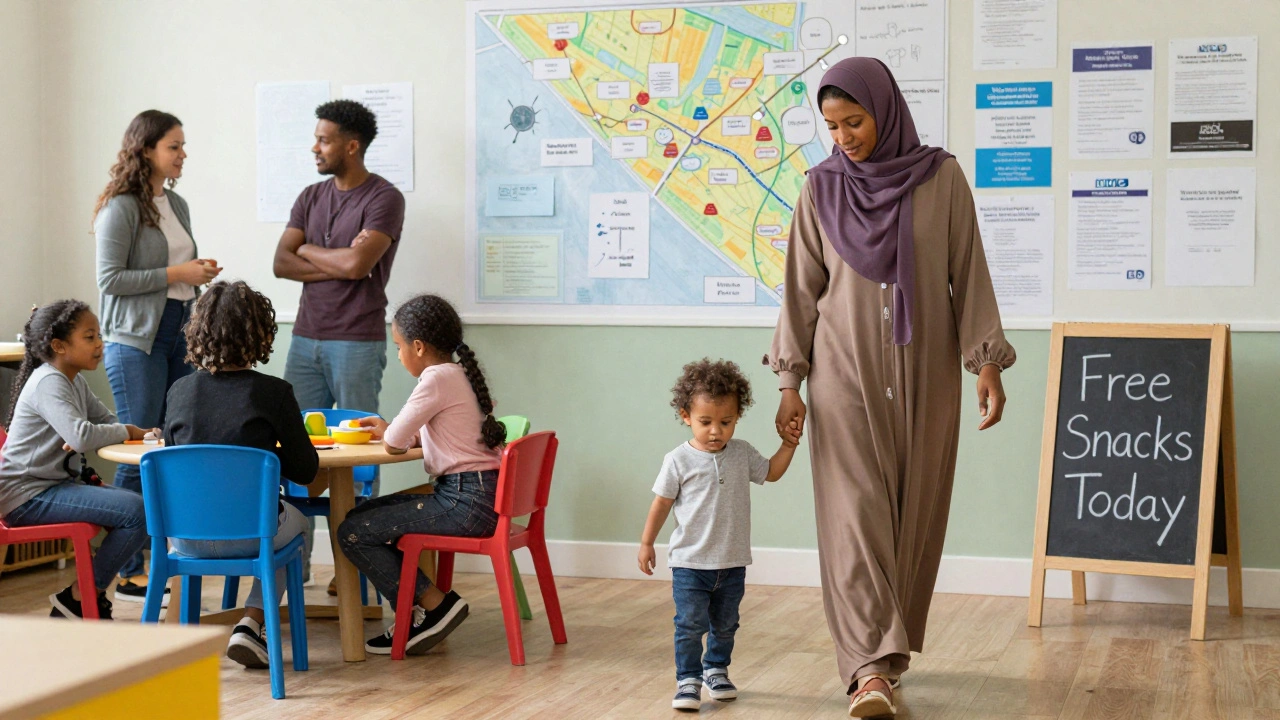A mother and child walking through a community play center filled with hand-drawn maps and free food signs.