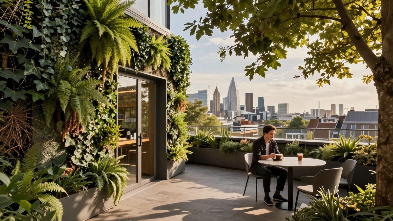 A remote worker on a rooftop terrace at Second Home Hoxton, surrounded by living walls and London skyline views.