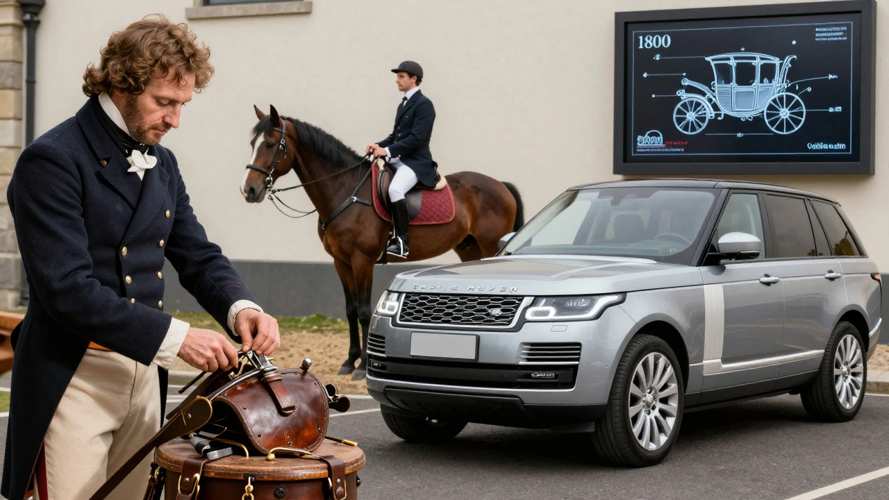 A royal coachman repairing a harness beside a modern electric Range Rover, blending tradition and innovation.
