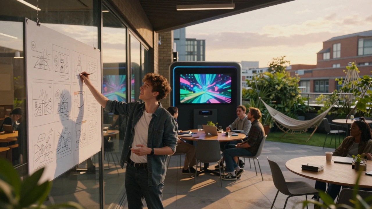 A young animator presenting a project at The Creative Hub, with VR technology and a rooftop garden behind them.