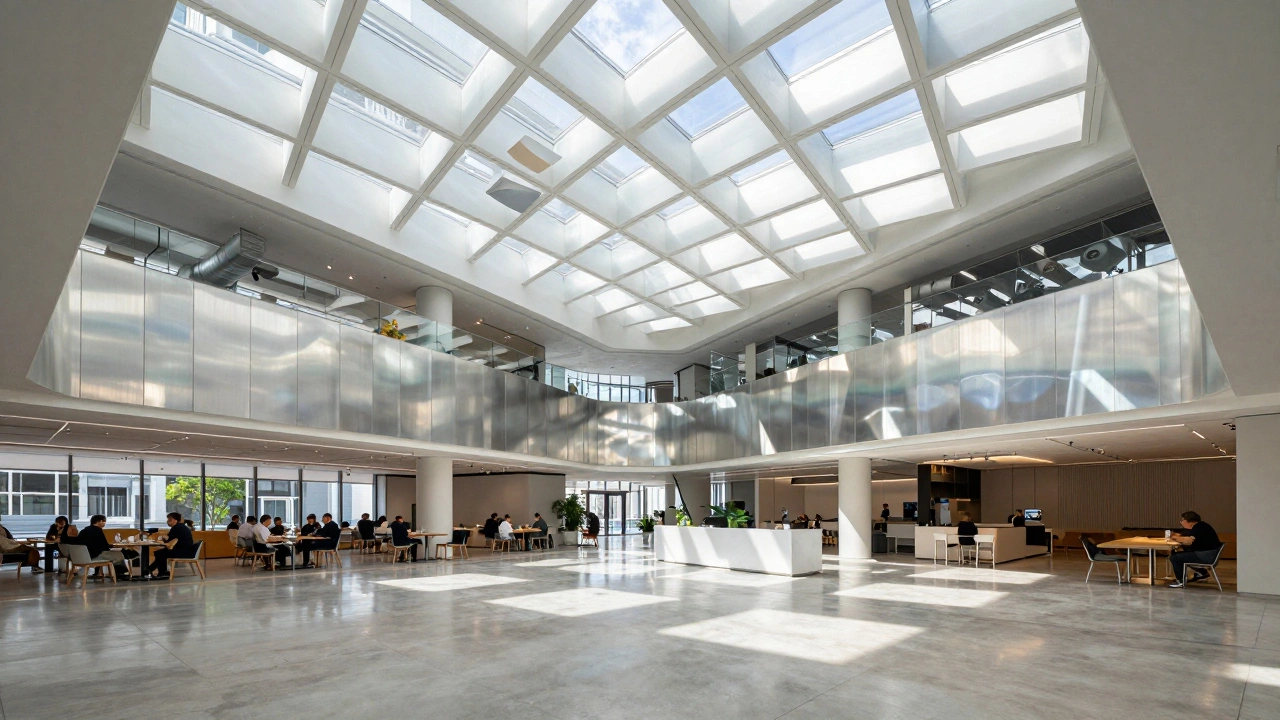 Bloomberg HQ atrium with dynamic ceiling panels casting soft light on polished floors, people walking below.