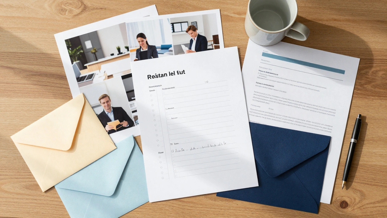 Desk with printed portfolio materials and checklist for application