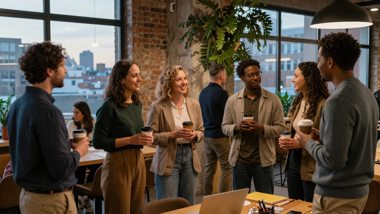 Diverse parents networking in modern co-working lounge.