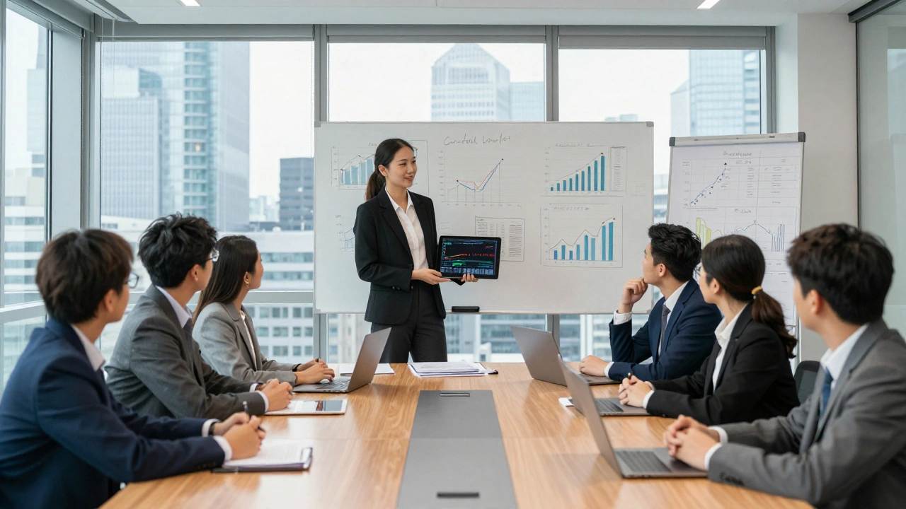 Diverse students presenting a business proposal to executives in a London boardroom with skyline view.