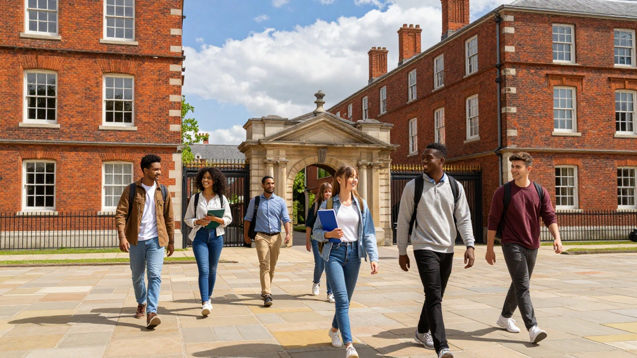 Diverse students walking on university campus courtyard.
