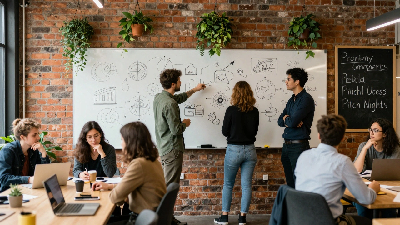 Diverse team discussing climate tech at Impact Hub King’s Cross, with greenery and chalkboard event notices.
