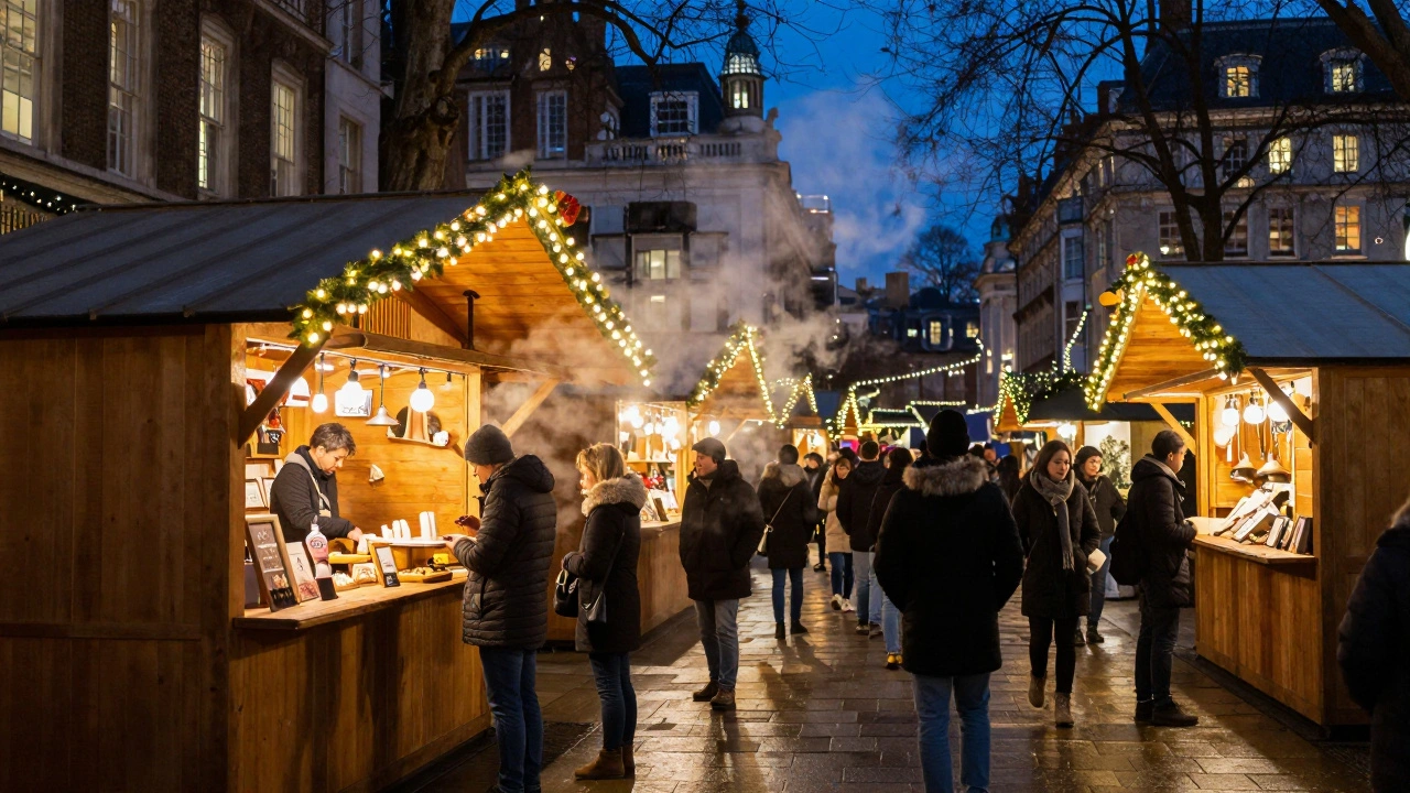 Evening winter market scene with festive fairy lights and warm glow on a busy London street