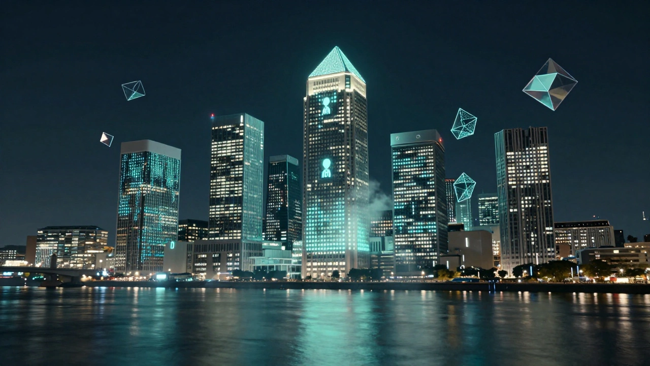 Futuristic Canary Wharf skyline with glowing lights