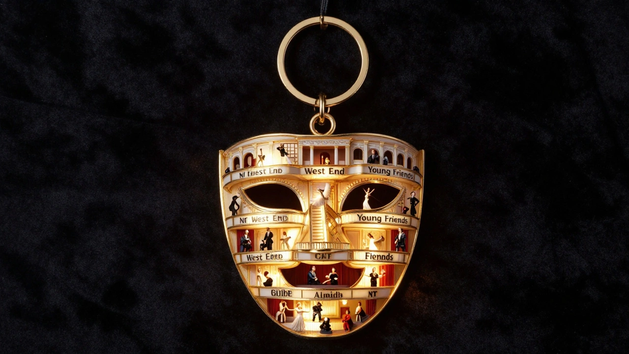 Glowing theatre mask keychain with layers representing London theatre memberships and performance scenes.