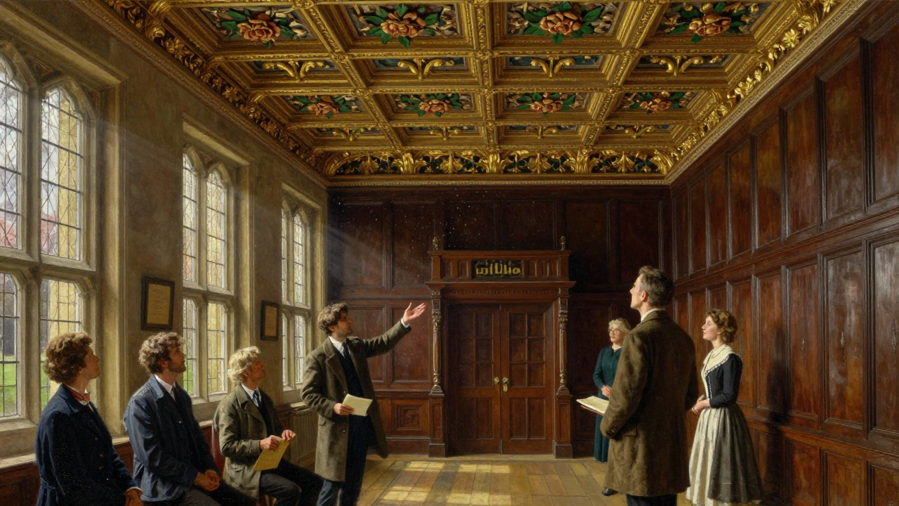Interior of Charlton House's Great Hall with ornate gilded ceiling and oak panelling, visitors gazing upward in quiet wonder.