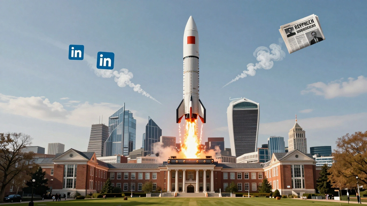 Launchpad rocket rising from a briefcase-shaped campus, symbols of finance and journalism as flames.