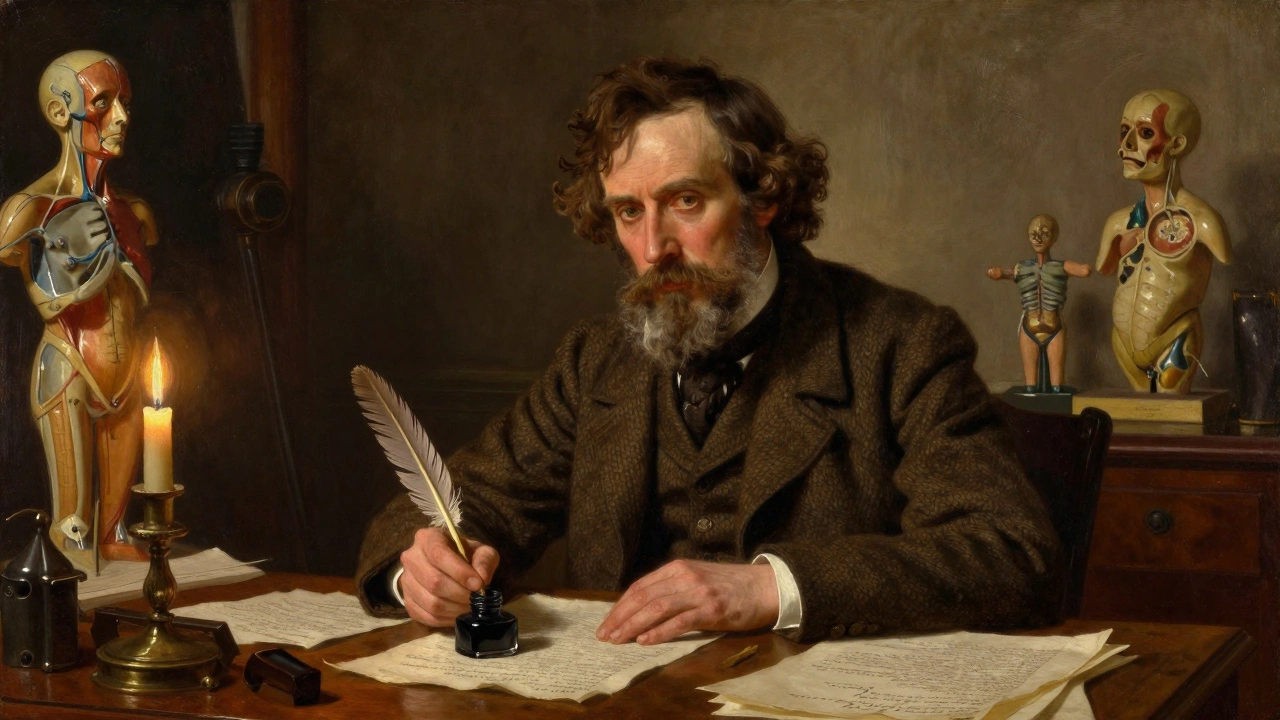 Nineteenth-century writer at desk with medical tools and ink
