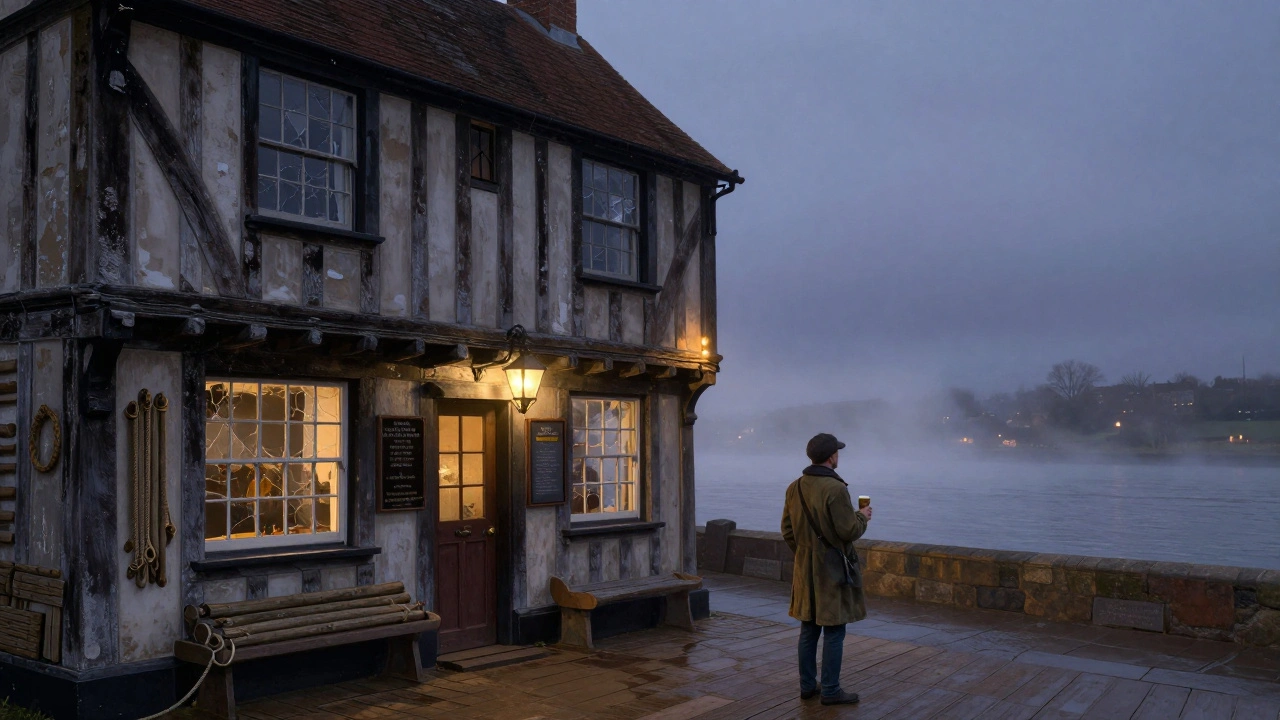 Old riverside pub with ship logs on walls and a sailor gazing at the Thames at dusk, lanterns glowing softly.