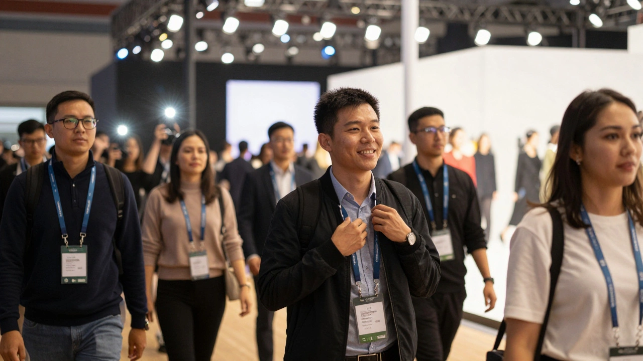 Person wearing media badge walking through busy event hall