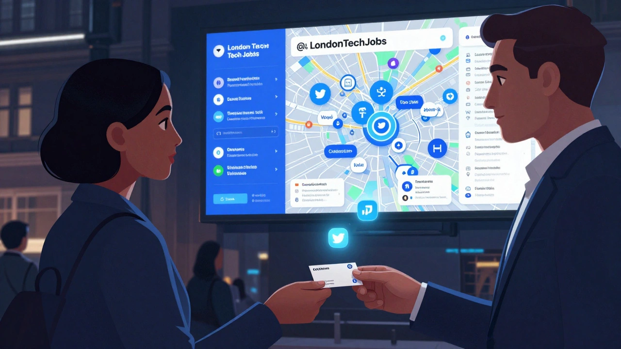 Professional networking at a London tech event, with digital job alerts glowing above a map of the city.