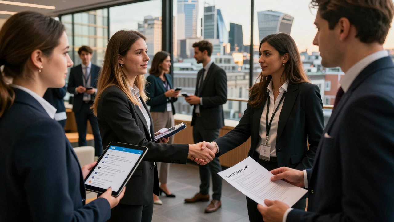 Recruiters and job seekers meeting in London’s financial district, exchanging CVs with city skyline in background.
