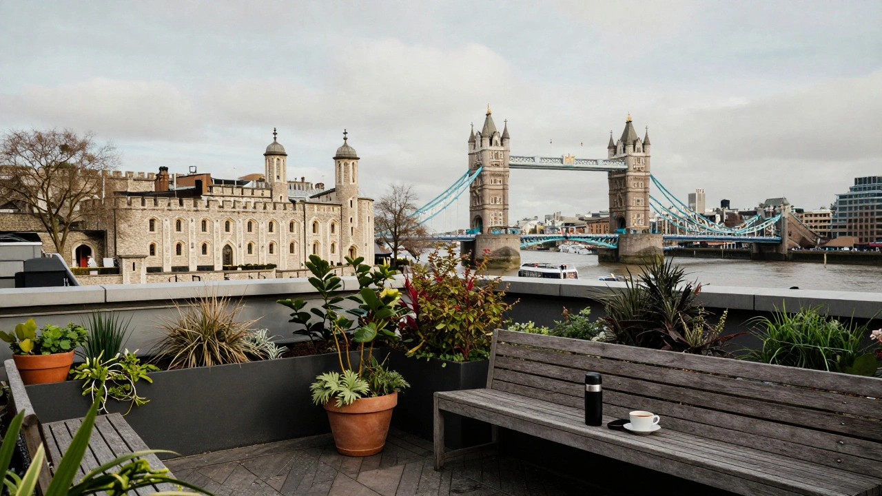 Rooftop garden at London Bridge City with Tower Bridge and Tower of London visible below.