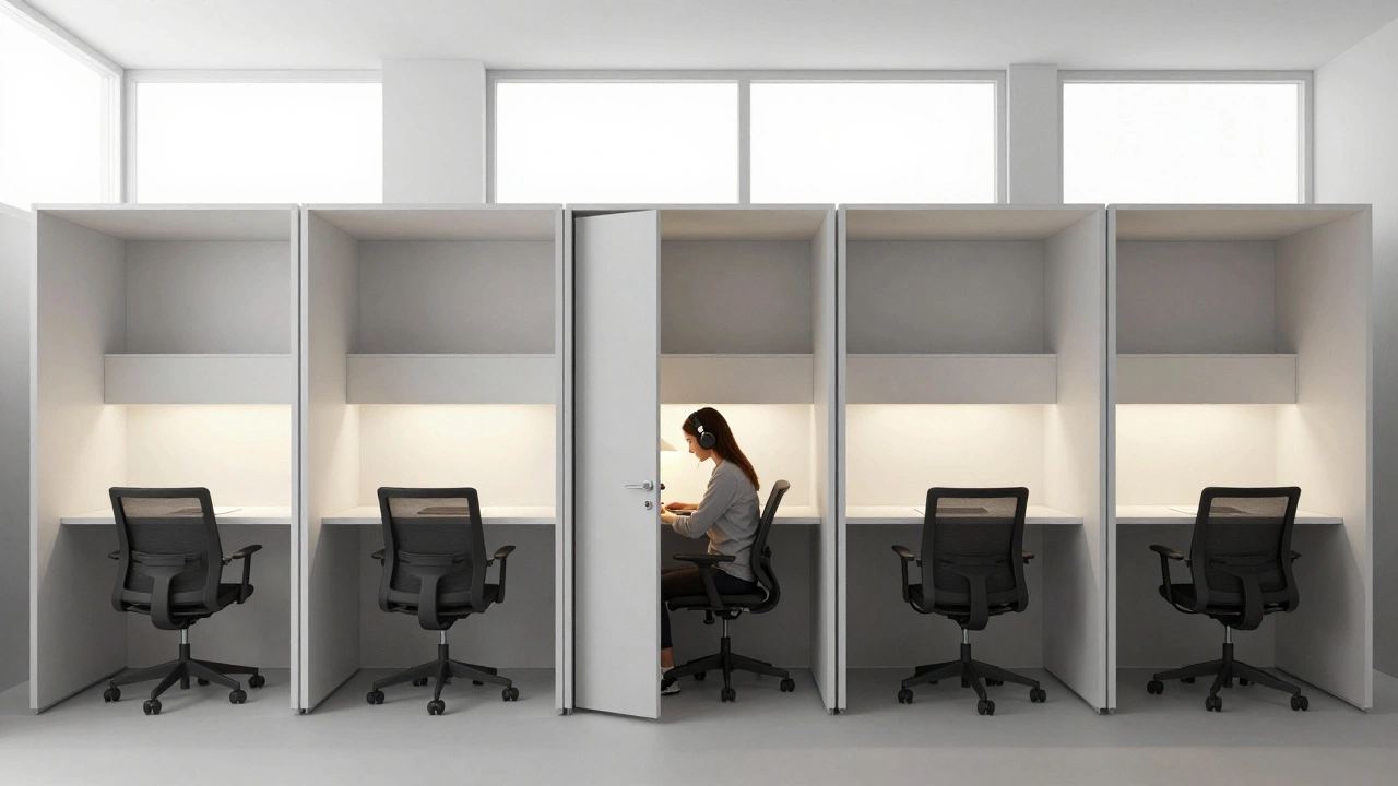 Soundproof writing pods in a quiet, minimalist space, one door slightly open revealing a focused writer at work.